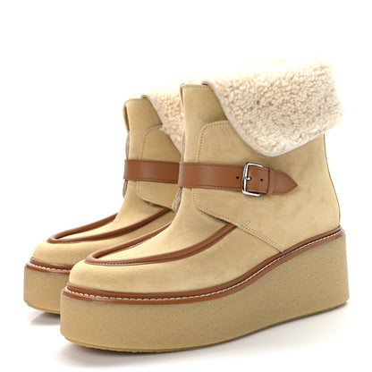 Hermes Suede Shearling Womens Hemisphere Ankle Boots 37.5 Beige Palomino 3 of 8