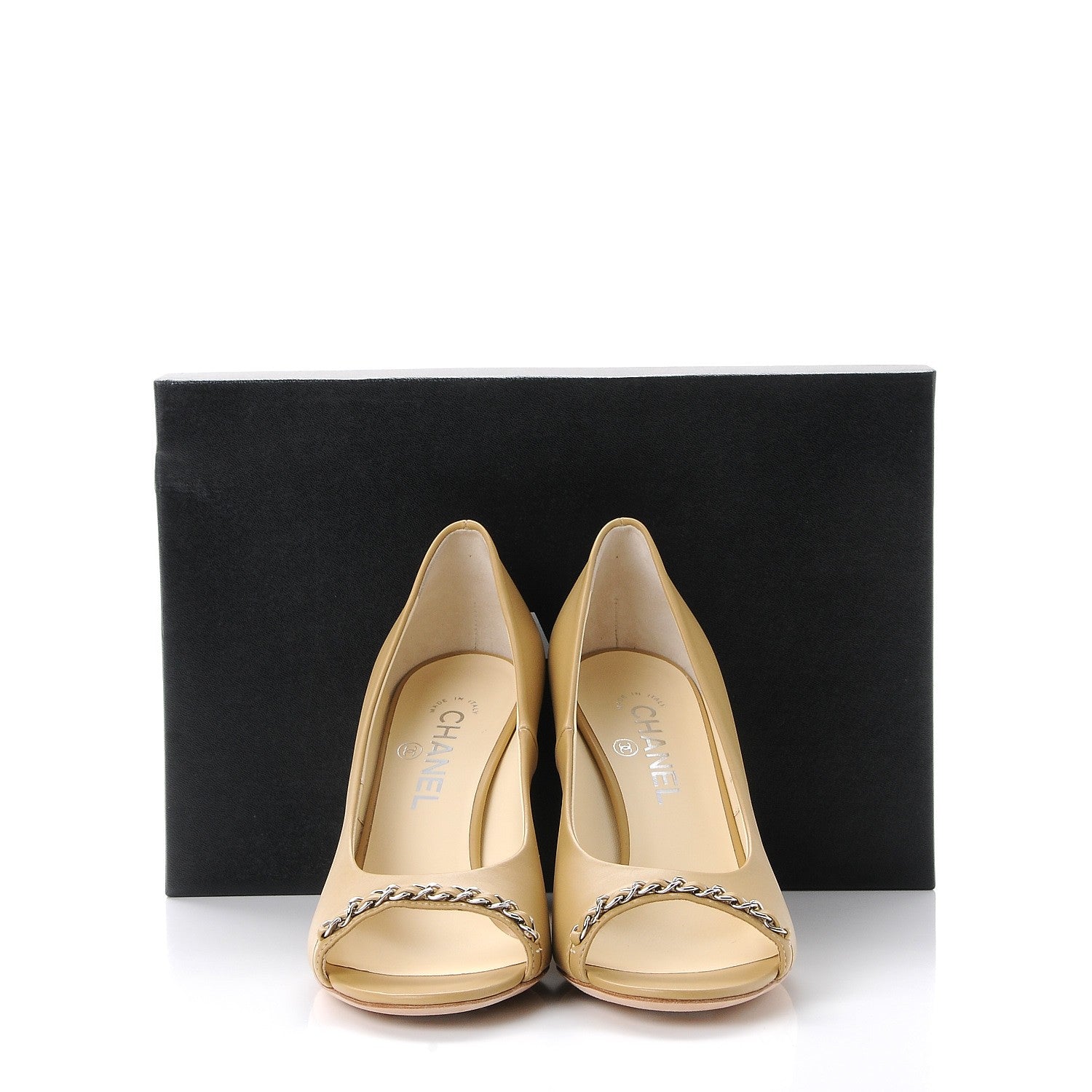 Chanel Calfskin Peep Toe CC Pumps 39.5 Beige 10 of 10
