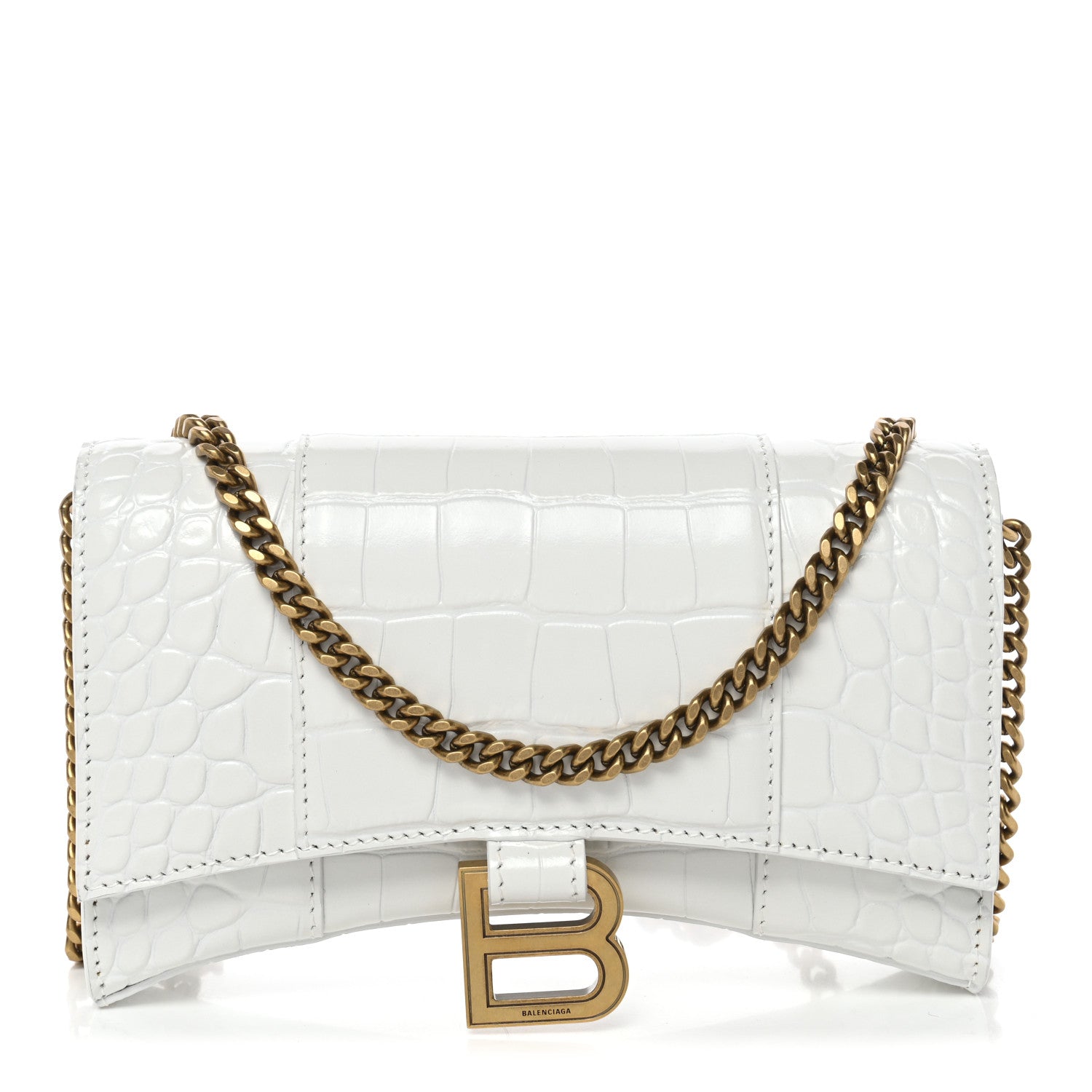 Balenciaga Shiny Calfskin Crocodile Embossed Hourglass Chain Bag White 1 of 10