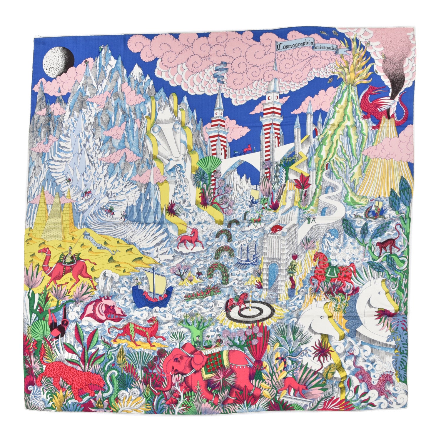 Hermes Cashmere Silk Cosmographia Shawl 140 Bleu Rose Jaune Vif 1 of 5