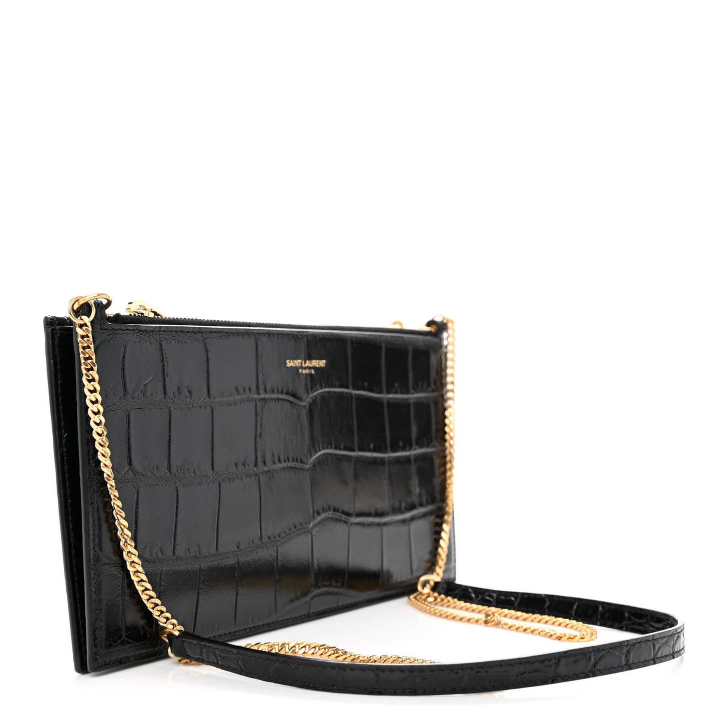 Calfskin Crocodile Embossed Double Pouch On Chain Black
