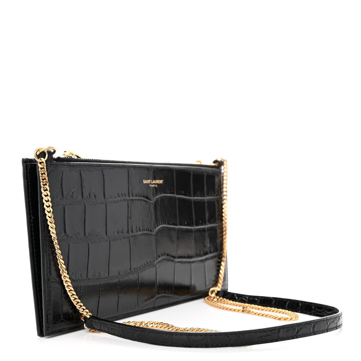 Saint Laurent Calfskin Crocodile Embossed Double Pouch On Chain Black 3 of 11