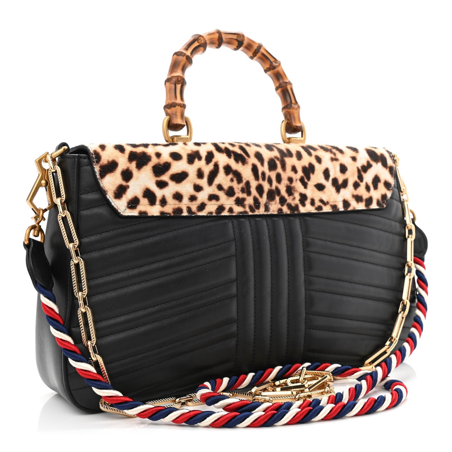 Calfskin Tarapunta Pony Hair Jaguar Print Bamboo Top Handle Flap Bag Black