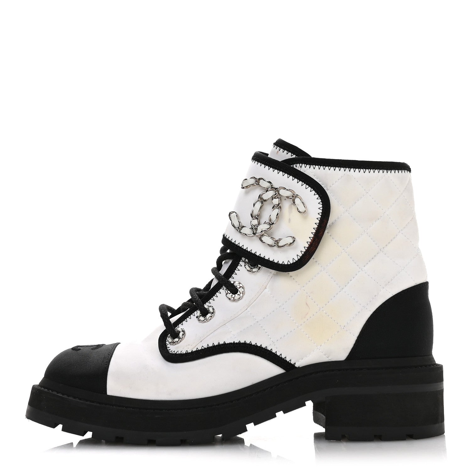 Chanel Fabric Grosgrain Quilted Cap Toe Lace Up Combat Boots 38.5 White Black 1 of 9