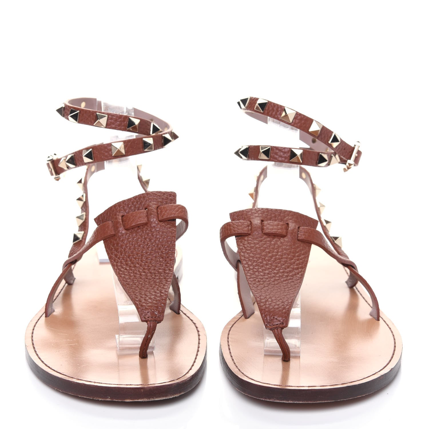 Valentino Garavani Pebbled Calfskin Rockstud Ankle Wrap Flat Thong Sandals 39 Bright Cognac 2 of 13