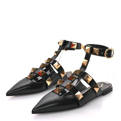 Valentino Garavani Calfskin Roman Stud Ankle Strap Flat Mules 40.5 Black 4 of 9