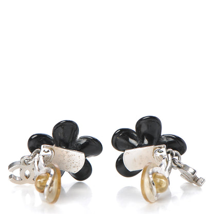 Chanel Enamel Crystal CC Camellia Drop Clip On Earrings Black 3 of 5