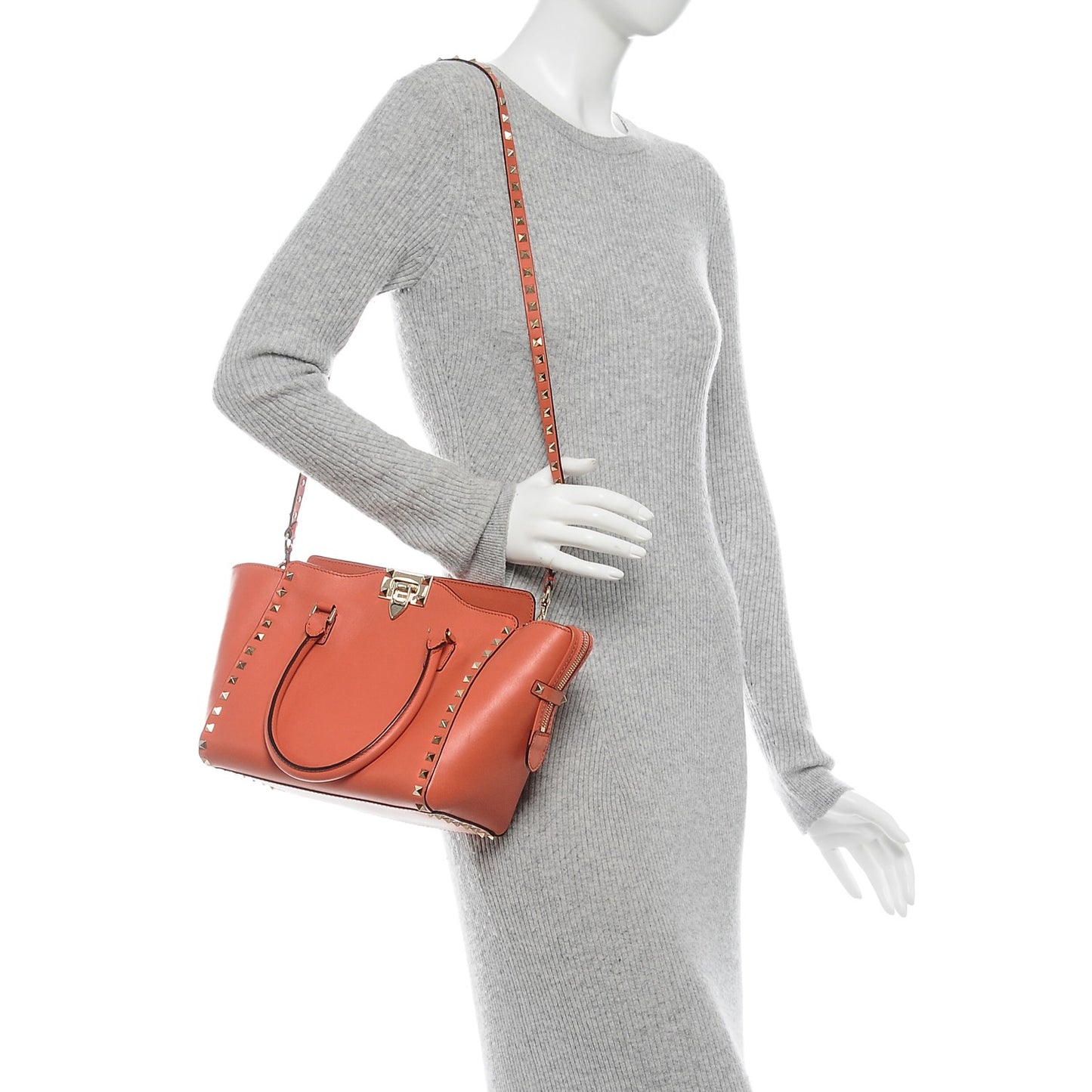 Vitello Small Rockstud Double Handle Tote Coral