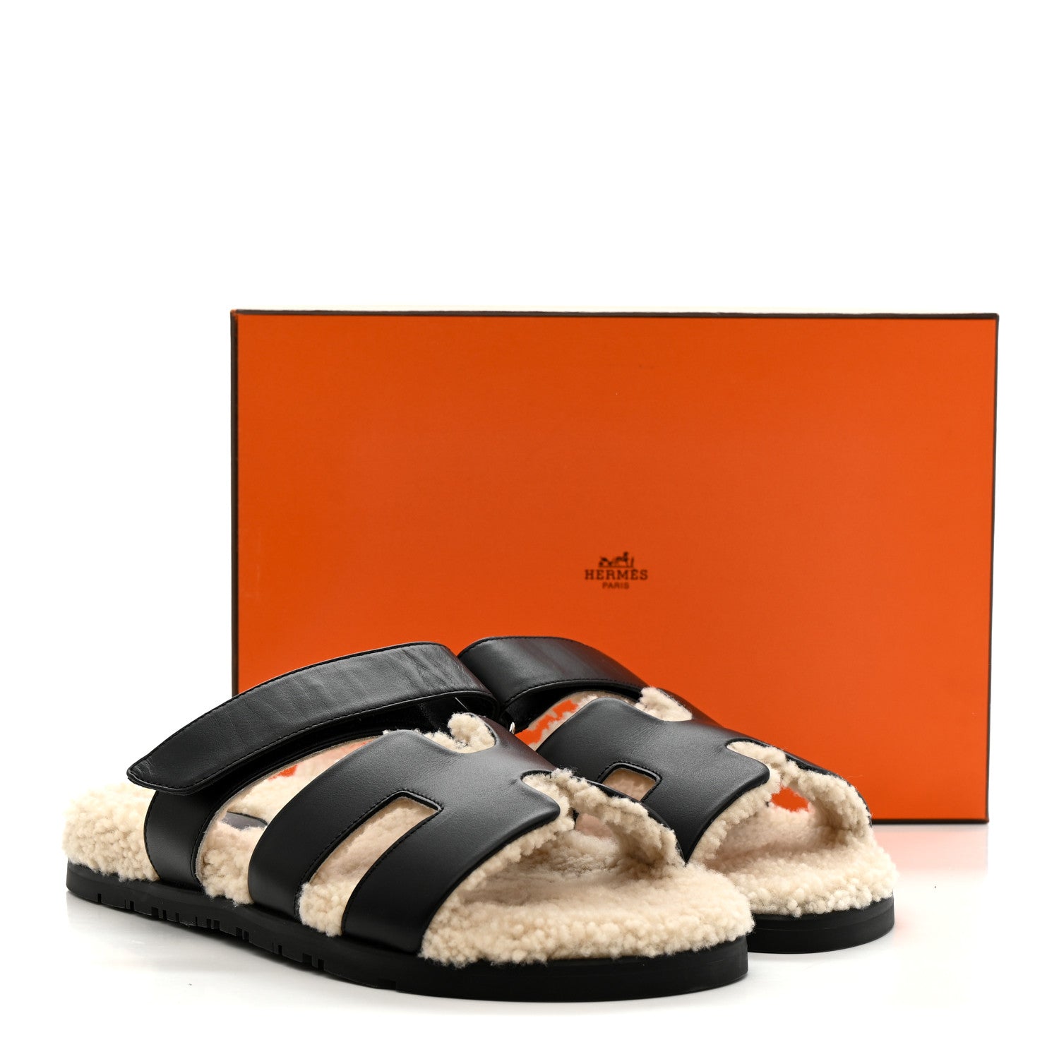 Hermes Calfskin Woolskin Womens Chypre Sandals 39 Black Ecru 9 of 9