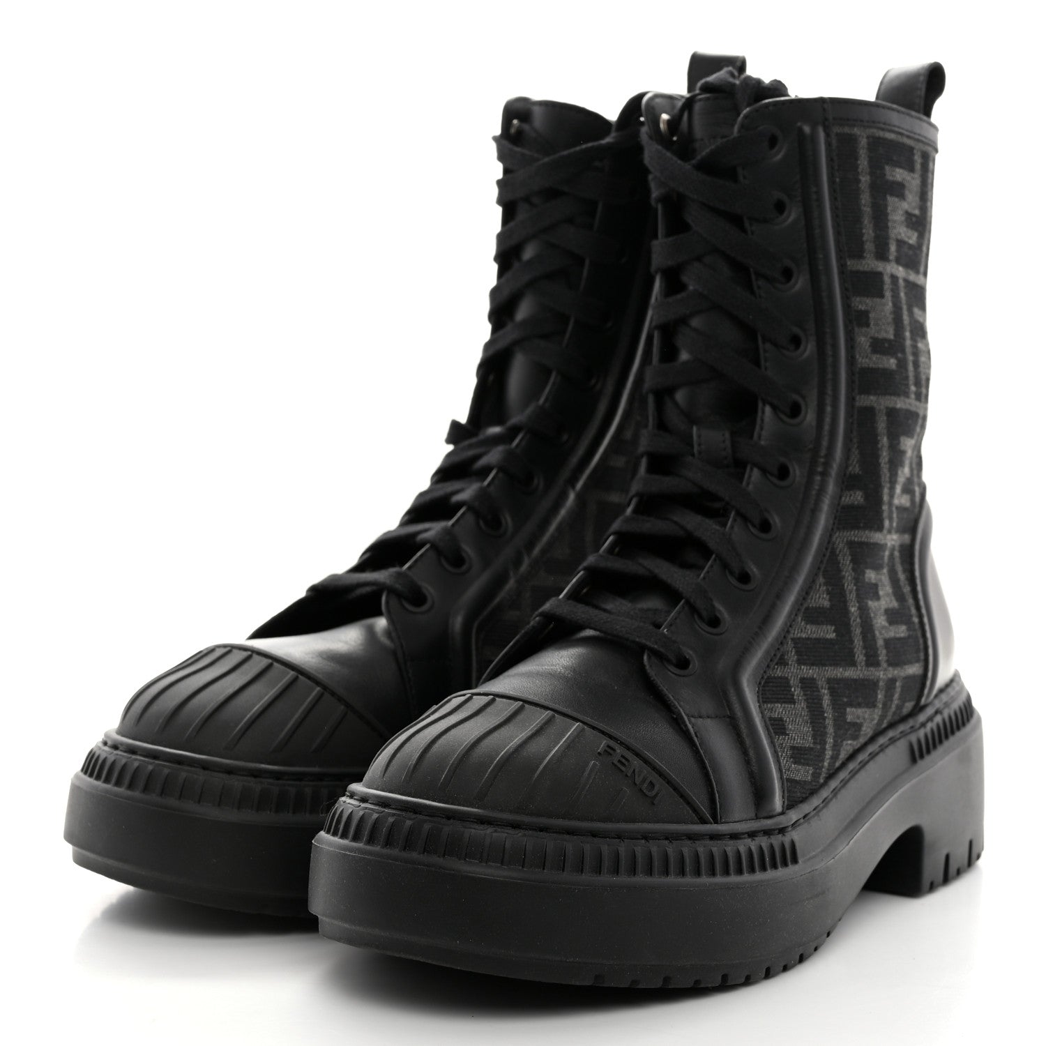 Fendi Fabric Jacquard Vitello FF Domino 50mm Biker Boots 35.5 Black Asfalto 3 of 9