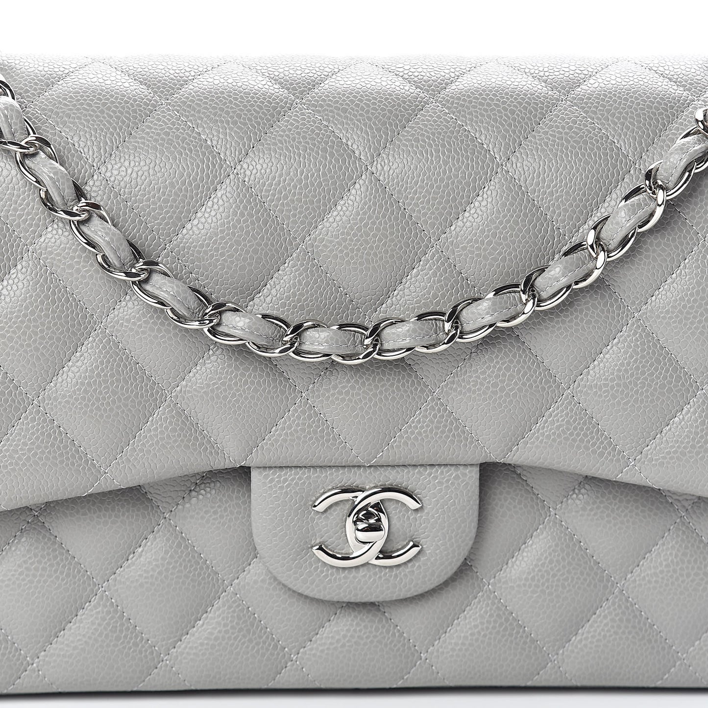 Caviar Quilted Jumbo Double Flap Light Grey
