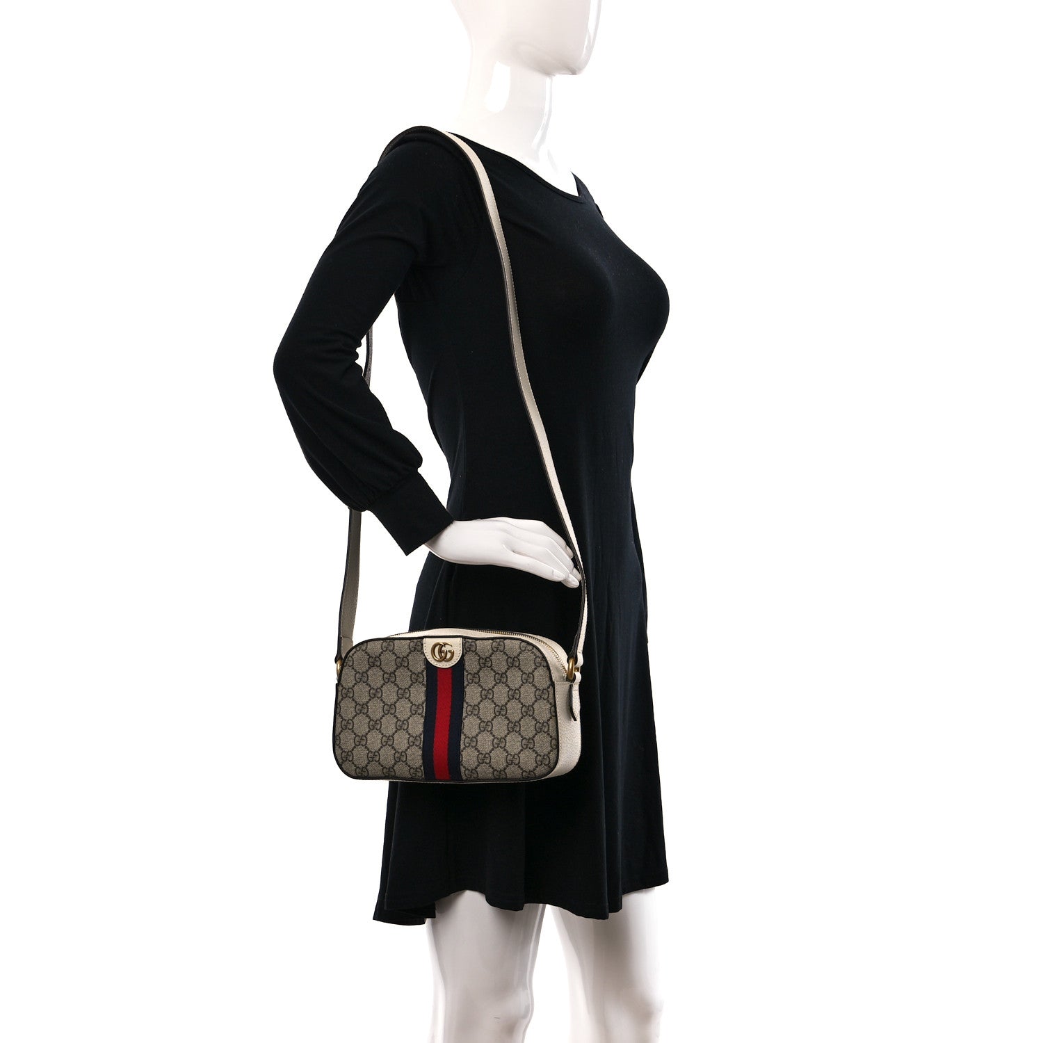 Gucci GG Supreme Monogram Textured Calfskin Web Small Ophidia Camera Bag Beige Ebony Mystic White 2 of 8