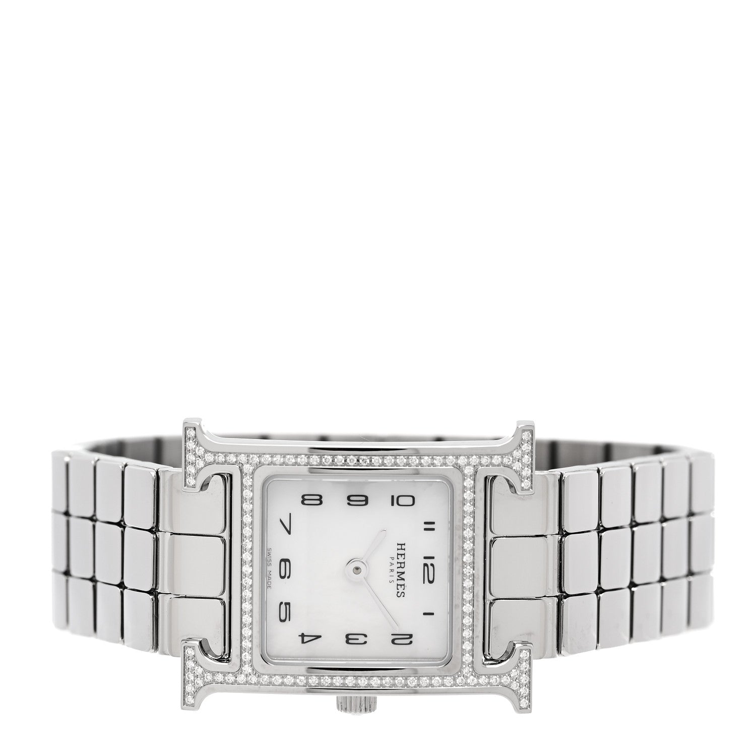 Hermes Stainless Steel Diamond Bezel Mother of Pearl 21mm Heure H Hour Quartz Watch 2 of 5
