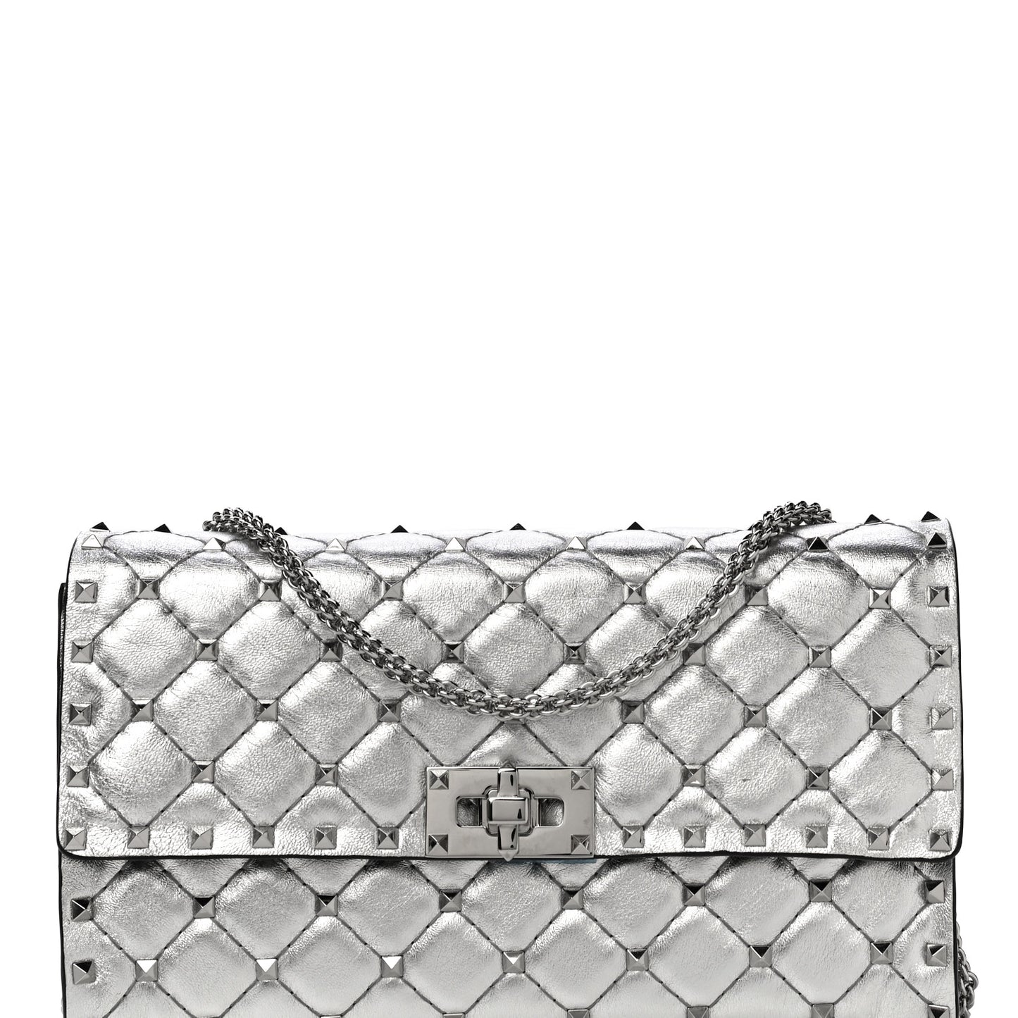 Metallic Nappa Rockstud Spike Wallet on Chain Silver