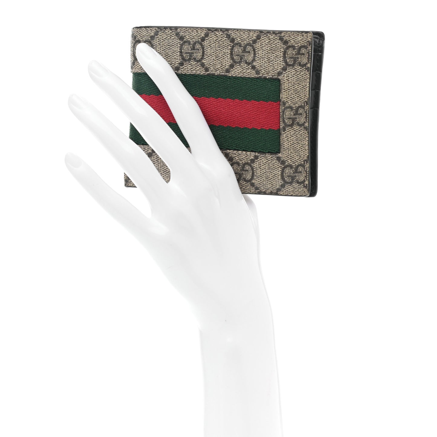 GG Supreme Monogram Selleria Calfskin Web New Web Bi-Fold Wallet Beige Ebony Cocoa