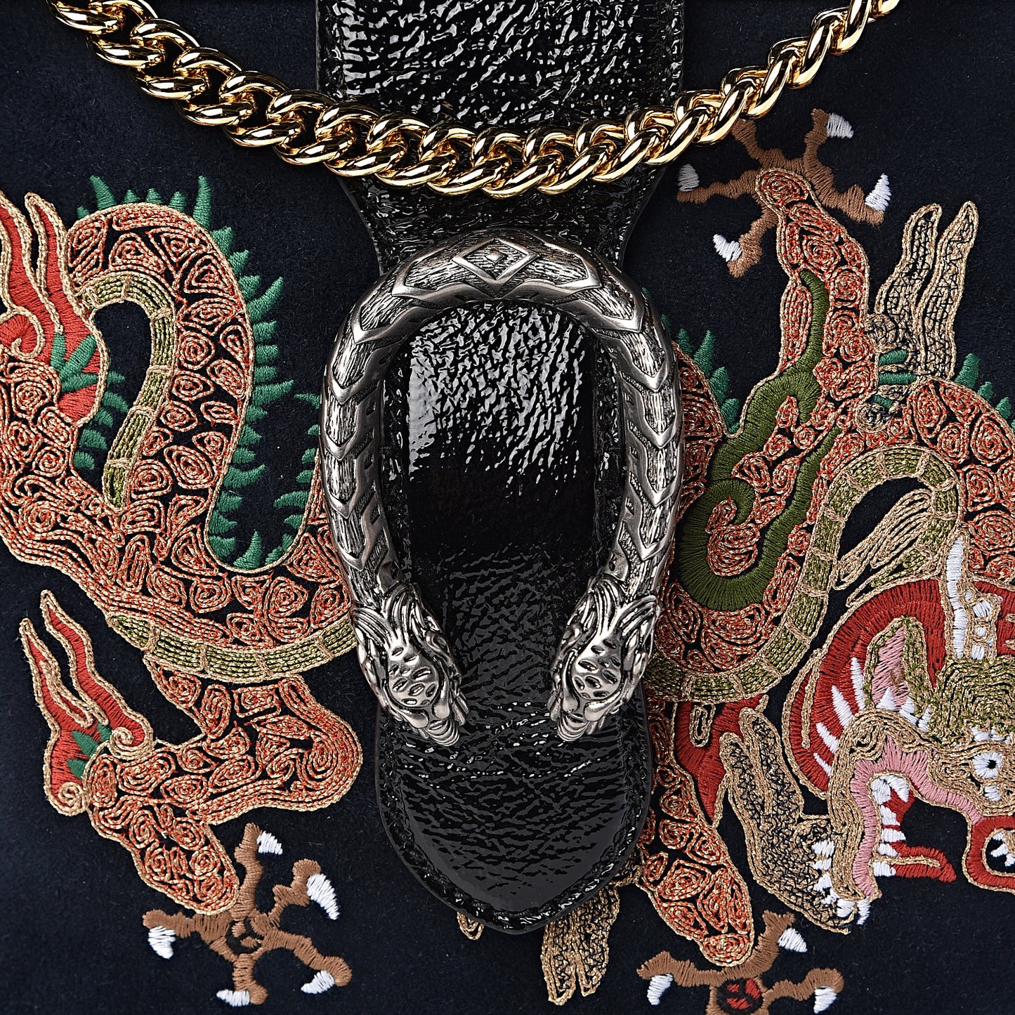 Suede Patent Dragon Embroidered Medium Dionysus Bucket Bag Dark Blue