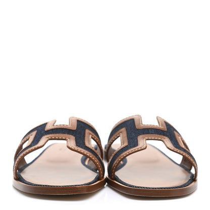Hermes Calfskin Denim Oran Sandals 37 Bleu Brut Gold 2 of 9