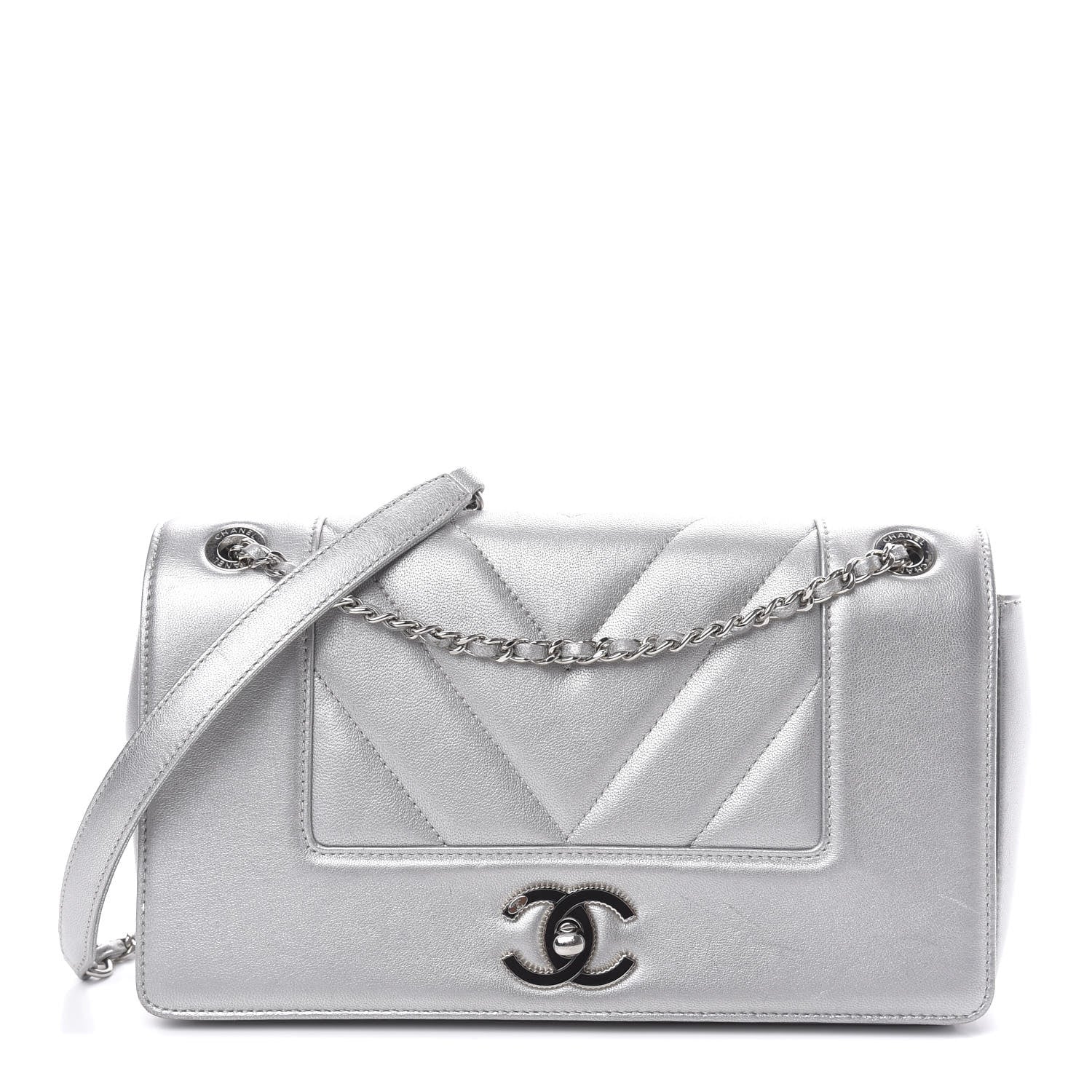 Chanel Metallic Sheepskin Chevron Quilted Medium Vintage Mademoiselle Flap Silver 1 of 14