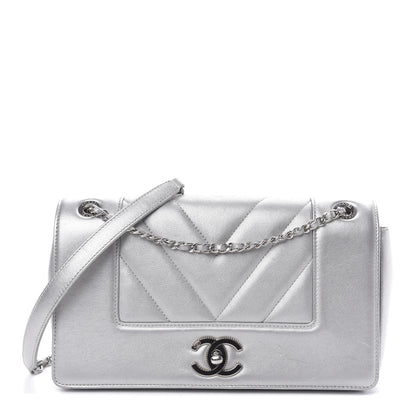 Chanel Metallic Sheepskin Chevron Quilted Medium Vintage Mademoiselle Flap Silver 1 of 14