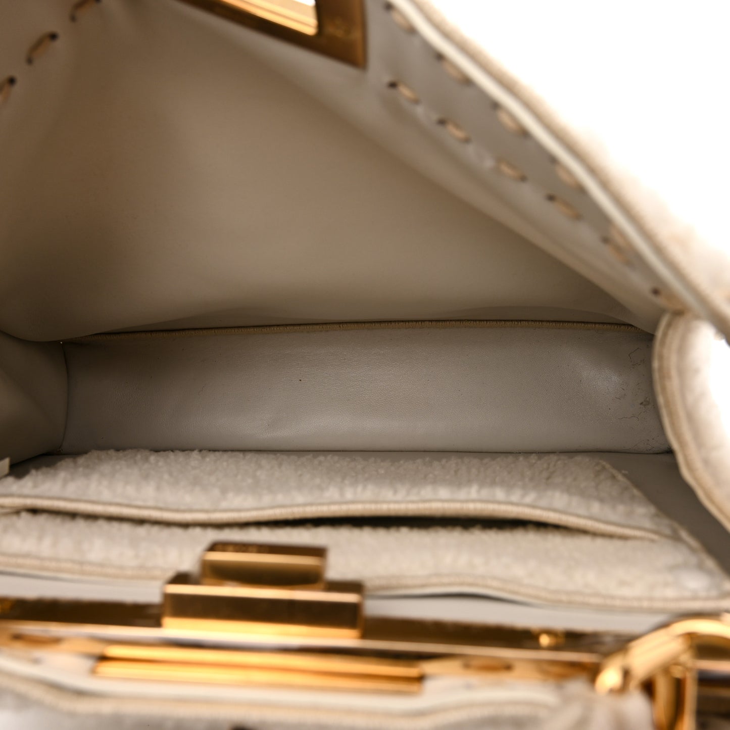 Curly Shearling Shiny Nappa Medium Peekaboo I SEE U Satchel White