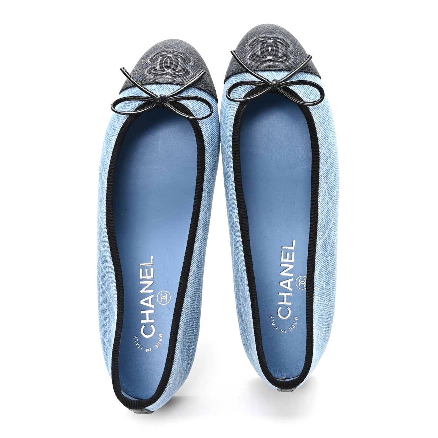 Denim Printed Quilt CC Cap Toe Ballerina Flats 38.5 Light Blue Dark Grey