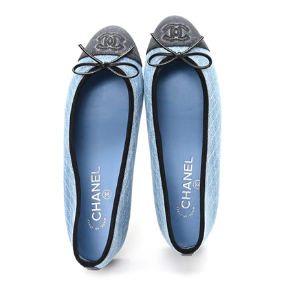 Chanel Denim Printed Quilt CC Cap Toe Ballerina Flats 38.5 Light Blue Dark Grey 2 of 9