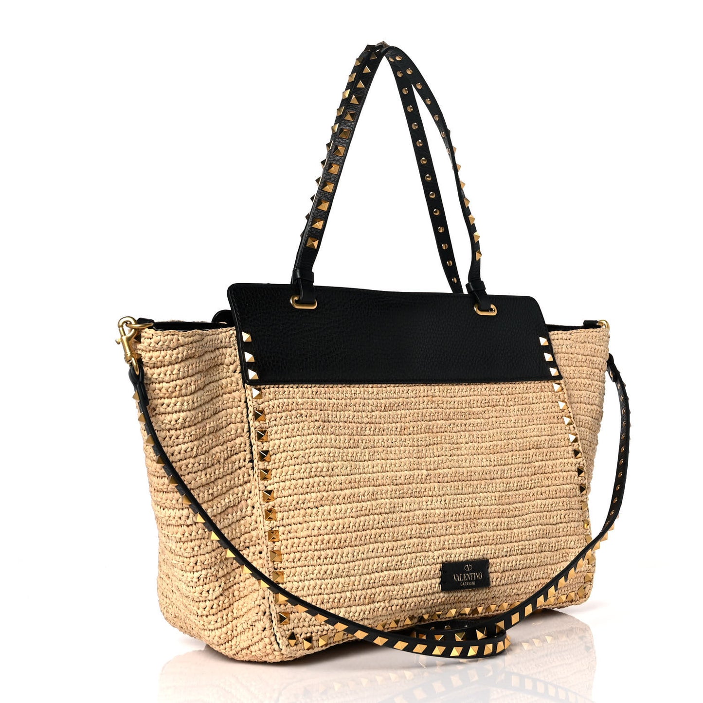 Raffia Calfskin Rockstud Tote Naturale Black