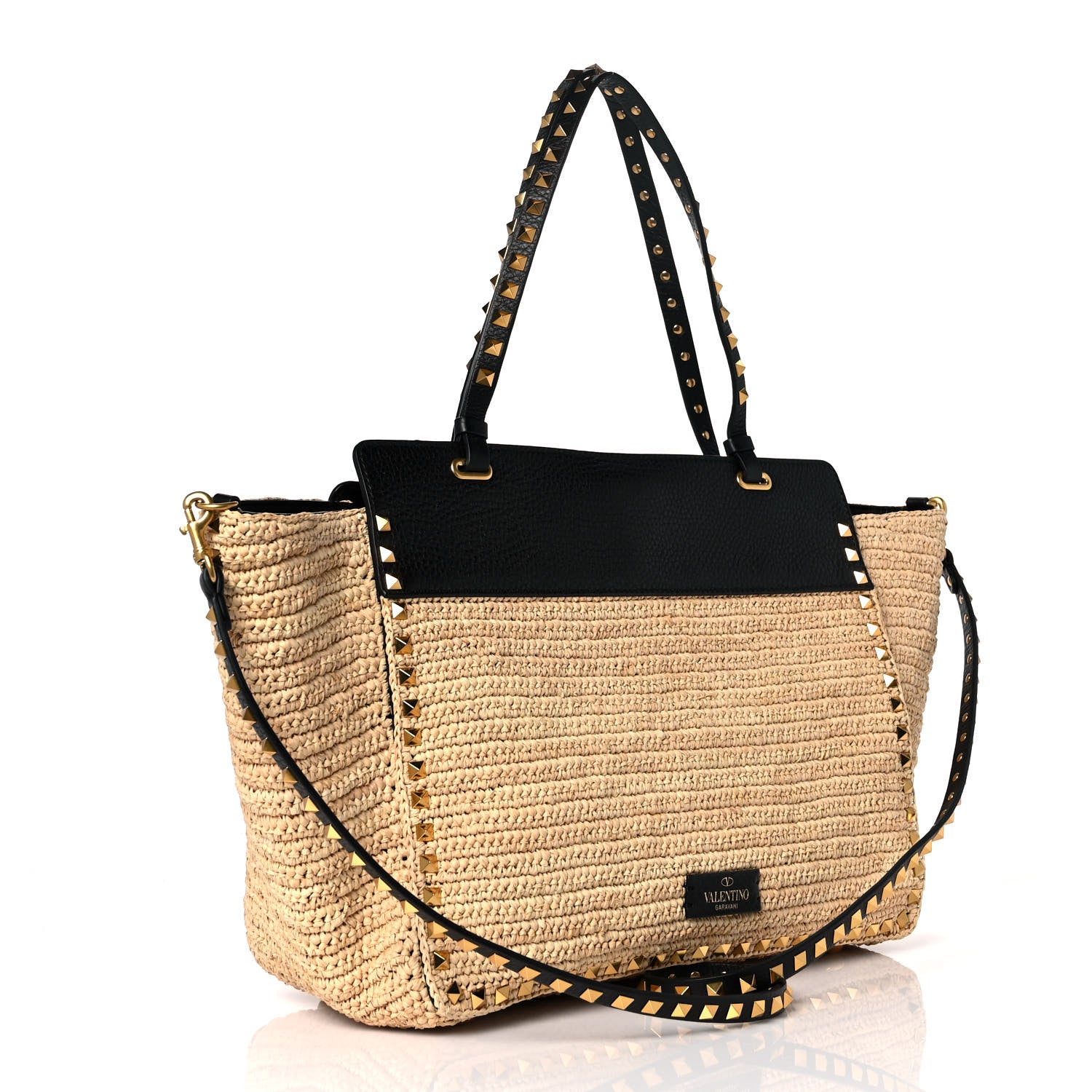 Valentino Garavani Raffia Calfskin Rockstud Tote Naturale Black 2 of 7
