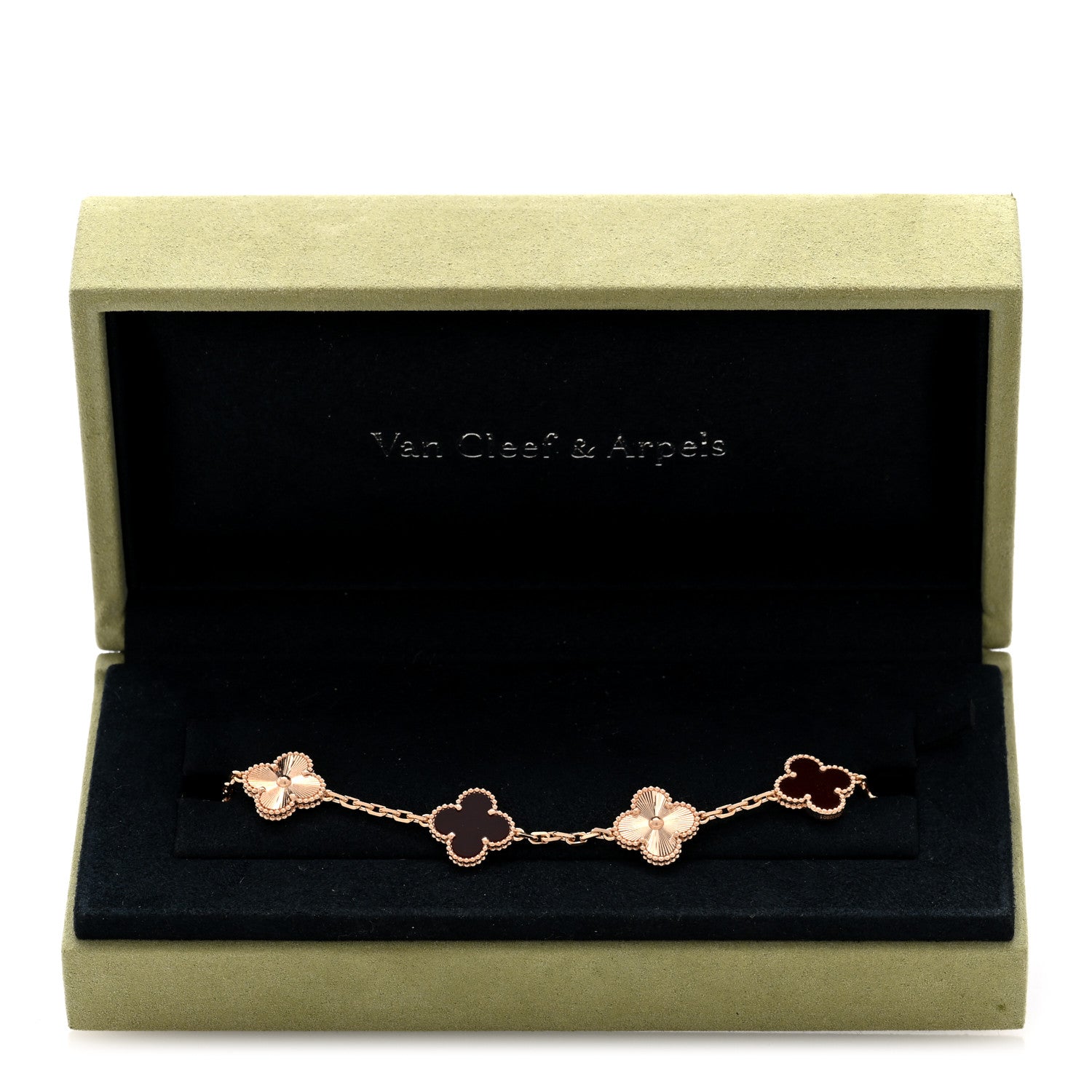 Van Cleef & Arpels 18K Rose Gold Carnelian 5 Motifs Guilloche Vintage Alhambra Bracelet 4 of 4