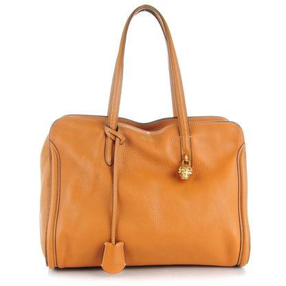 Alexander McQueen Pebbled Calfskin Large Skull Padlock Zip Around Tote Cognac 1 of 7