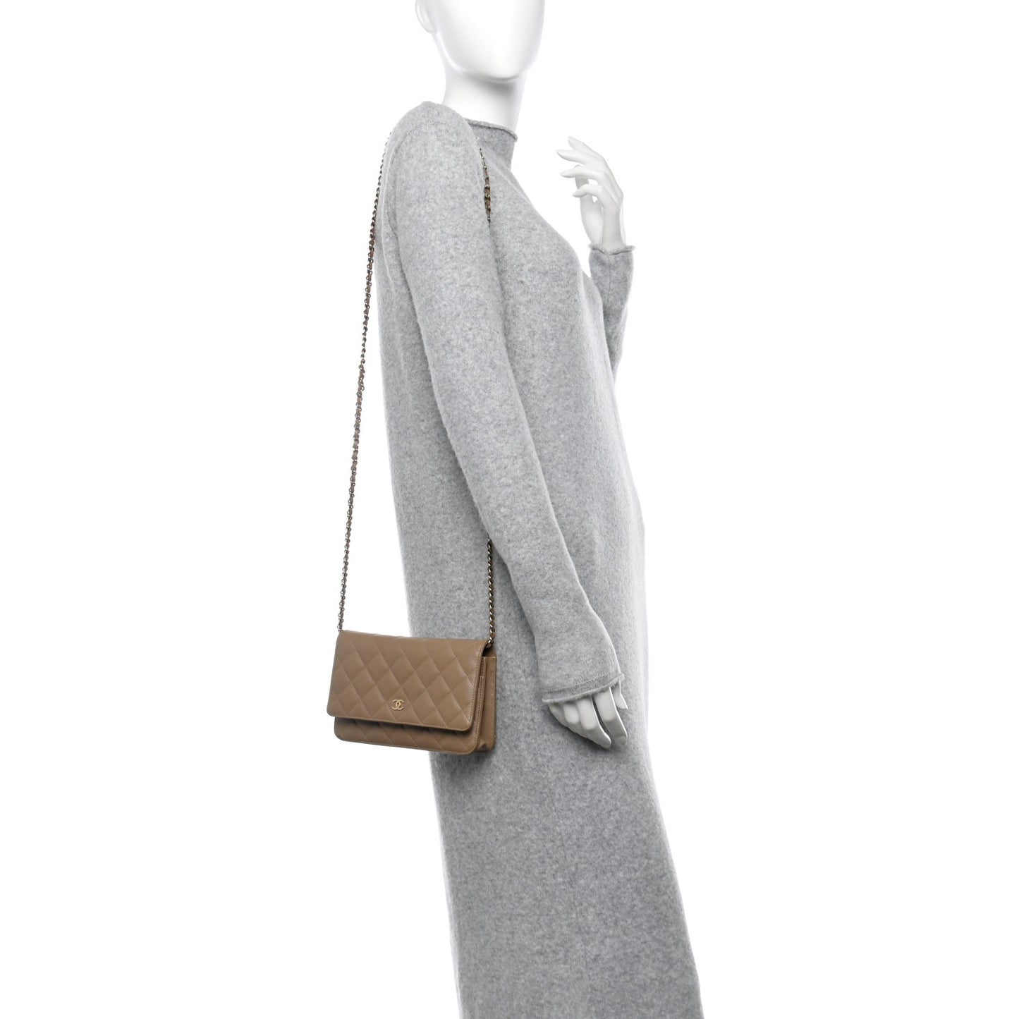Caviar Quilted Wallet on Chain WOC Dark Beige