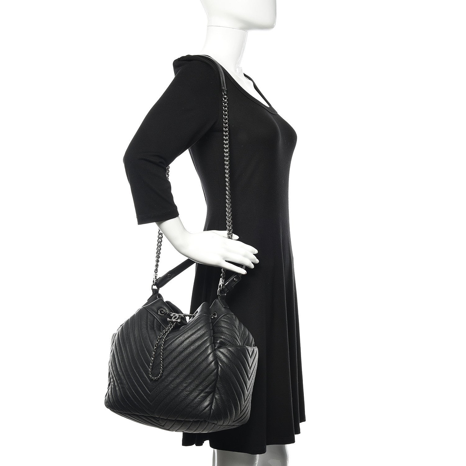 Chanel Deerskin Chevron Large CC Chain Bucket Drawstring Bag Black 2 of 10
