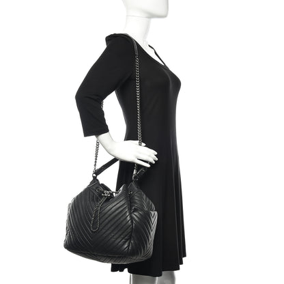 Chanel Deerskin Chevron Large CC Chain Bucket Drawstring Bag Black 2 of 10