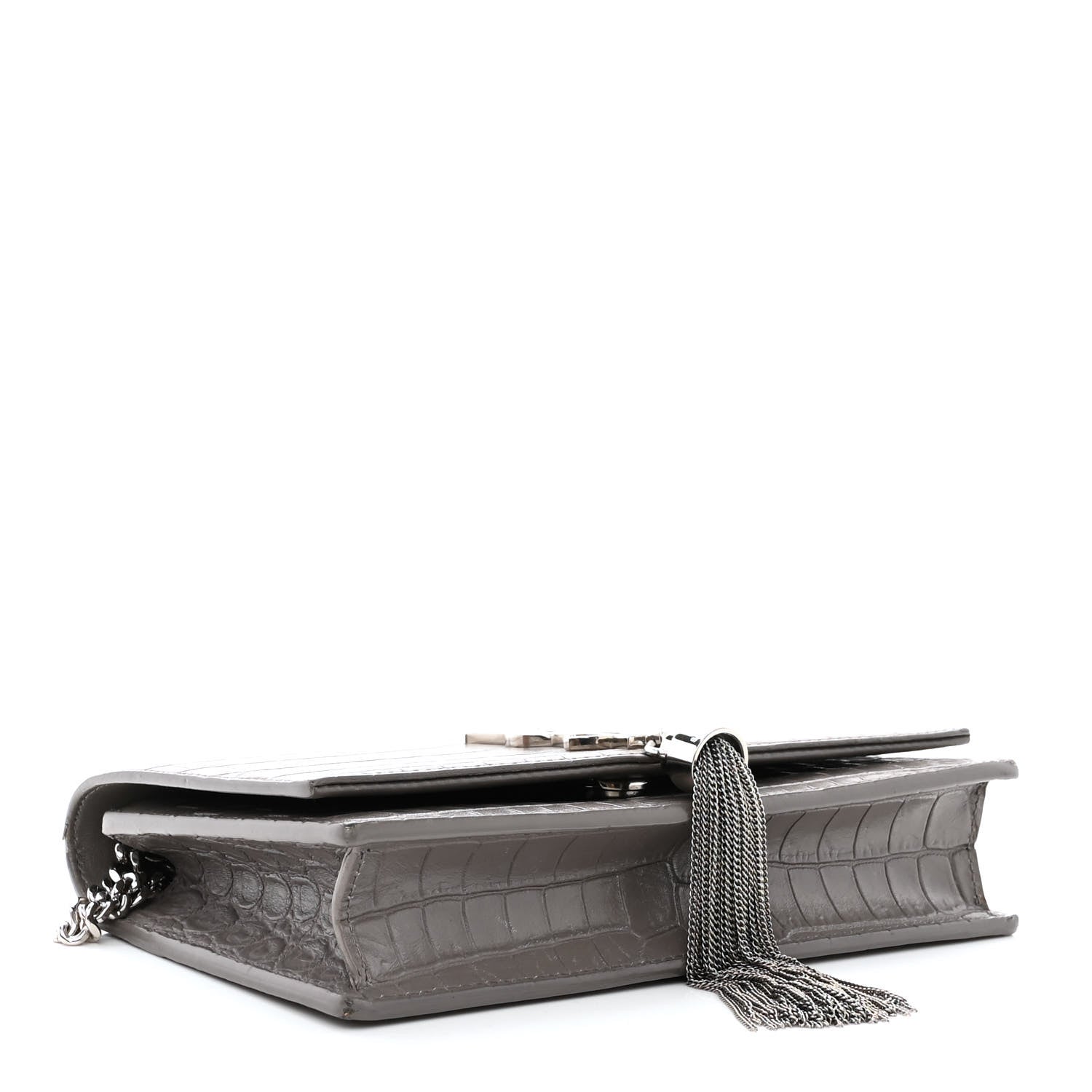 Saint Laurent Calfskin Crocodile Embossed Kate Monogram Tassel Chain Wallet Fog 4 of 12