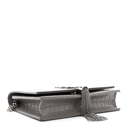 Saint Laurent Calfskin Crocodile Embossed Kate Monogram Tassel Chain Wallet Fog 4 of 12