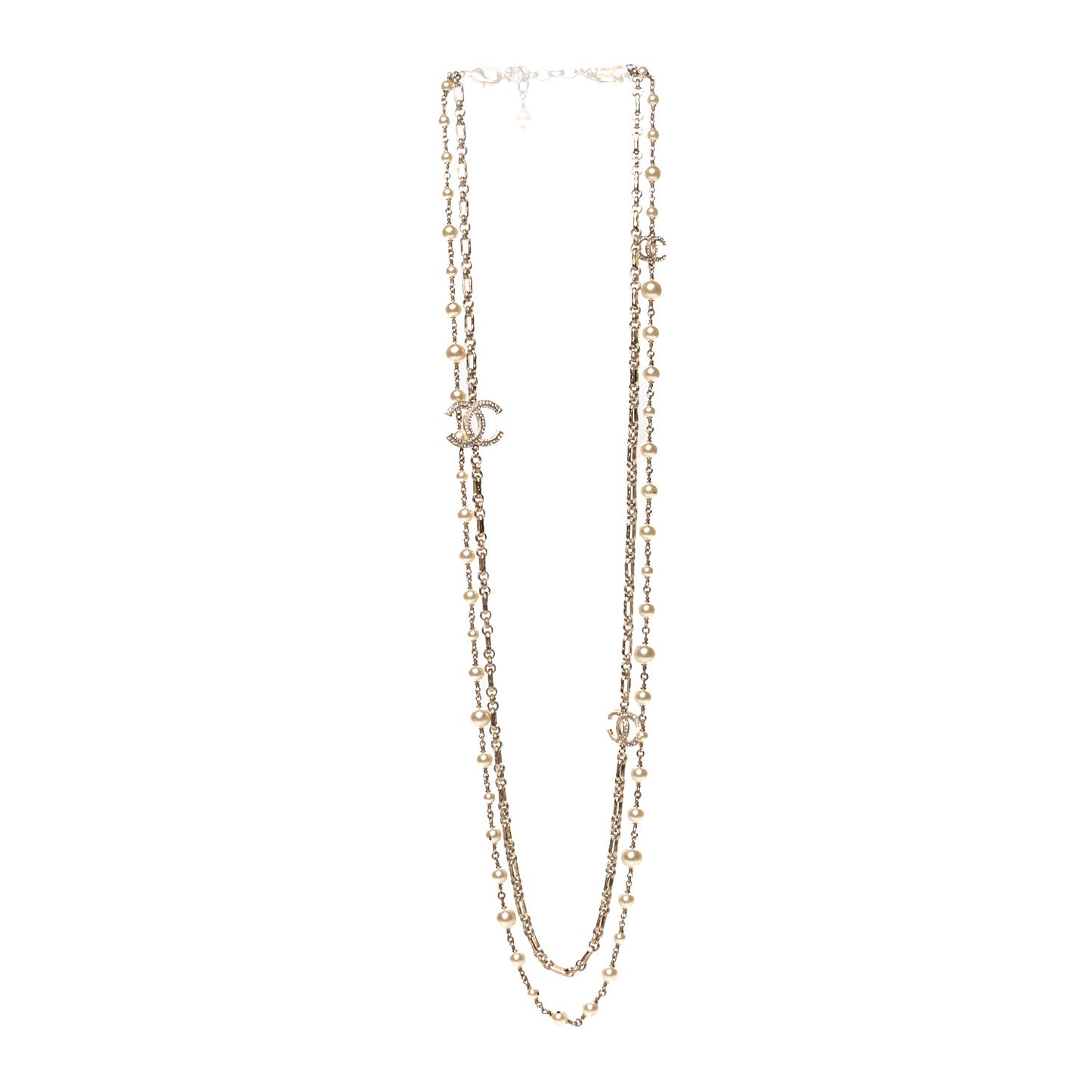 Crystal Pearl CC Long Necklace Silver