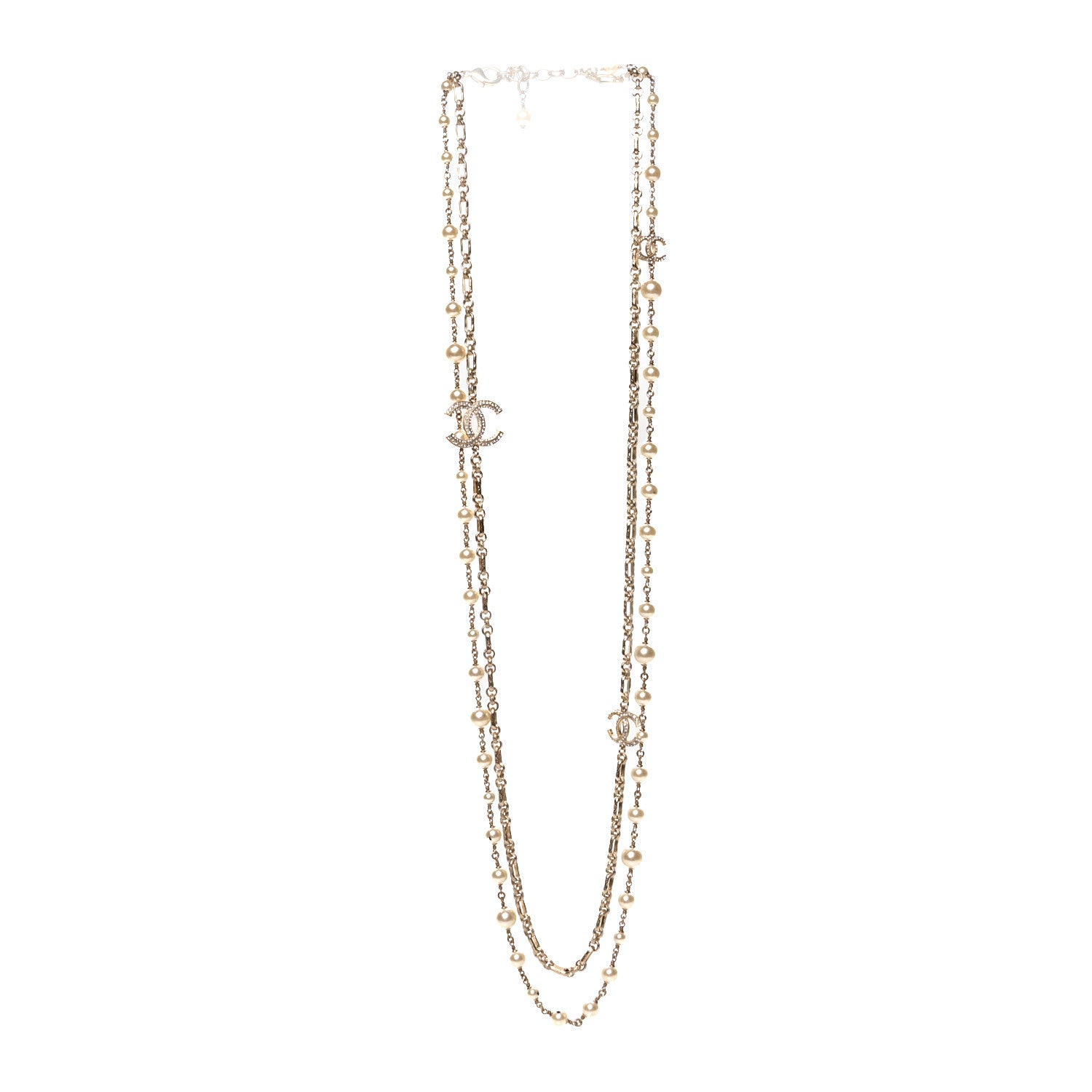 Chanel Crystal Pearl CC Long Necklace Silver 3 of 5