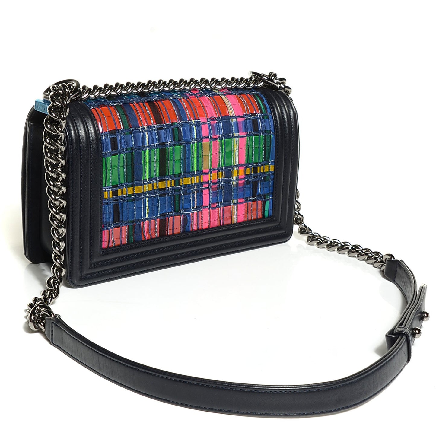 Tweed Lambskin Woven Medium Boy Flap Navy Blue