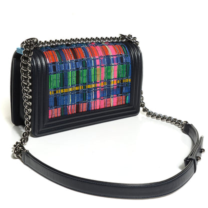 Chanel Tweed Lambskin Woven Medium Boy Flap Navy Blue 3 of 9