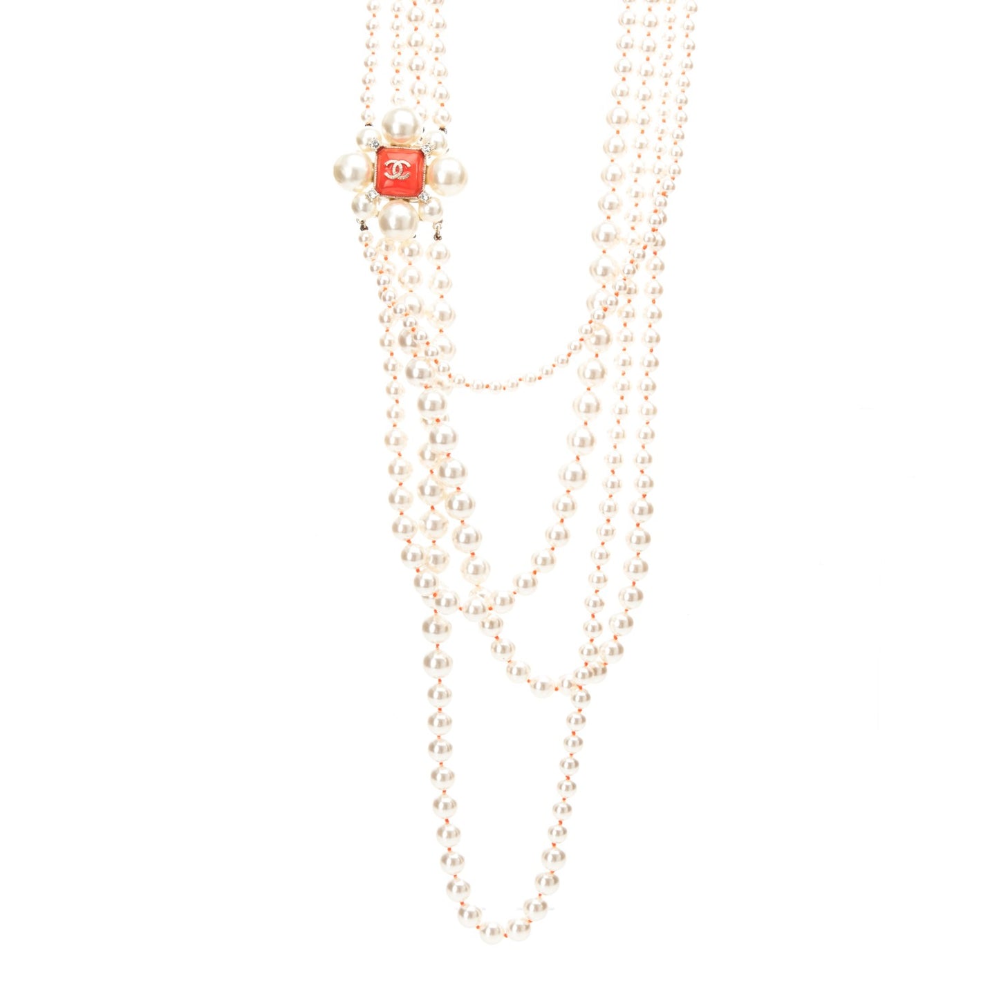 Pearl Crystal Gripoix CC Multi Strand Necklace Orange Gold