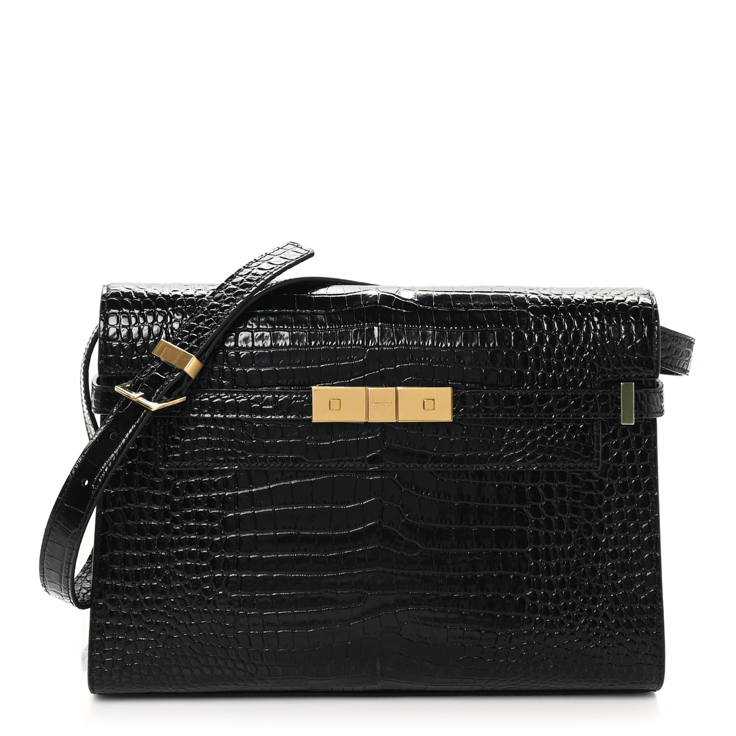 Shiny Calfskin Crocodile Embossed Manhattan Baguette Black