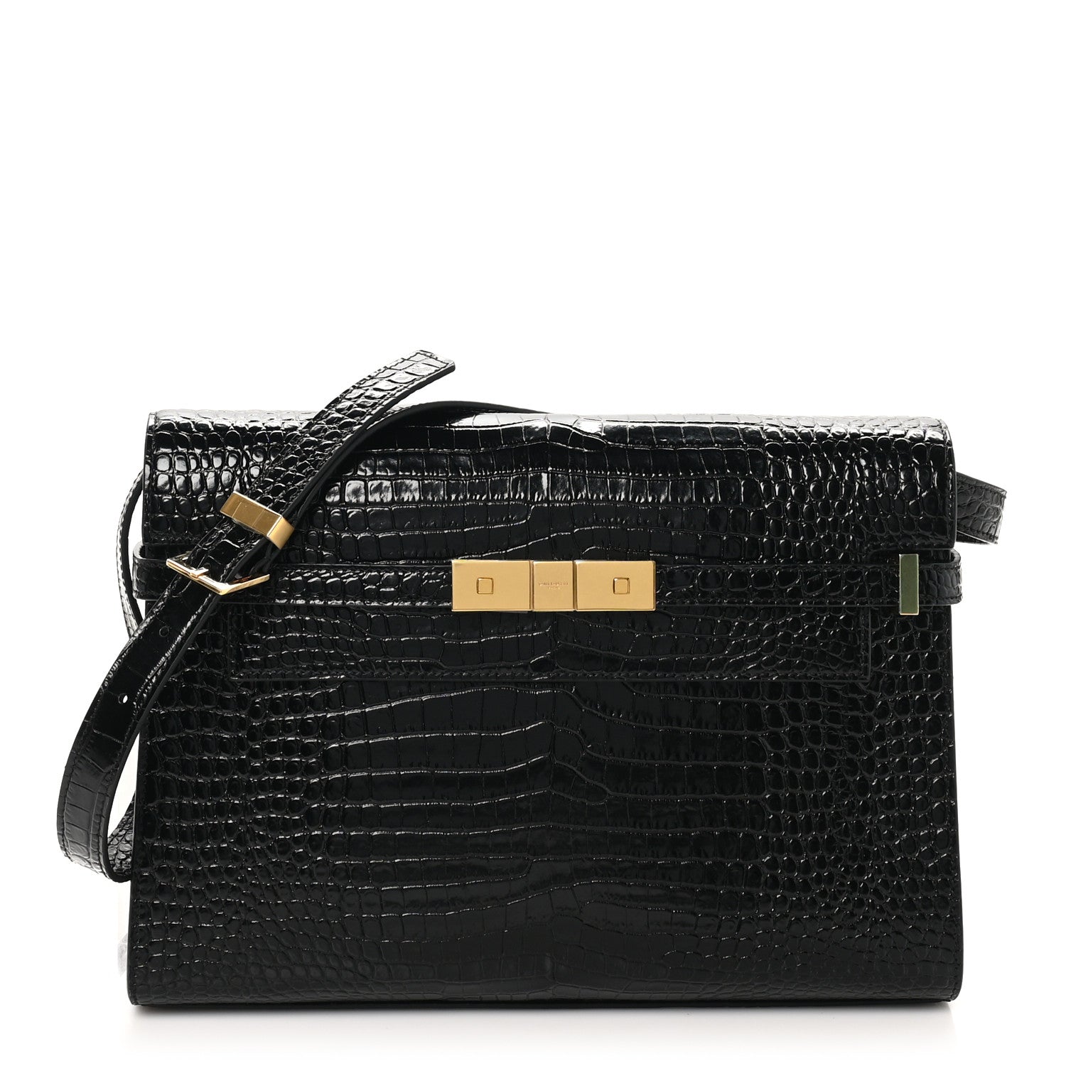 Saint Laurent Shiny Calfskin Crocodile Embossed Manhattan Baguette Black 1 of 10