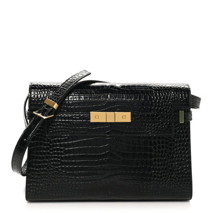 Saint Laurent Shiny Calfskin Crocodile Embossed Manhattan Baguette Black 1 of 10