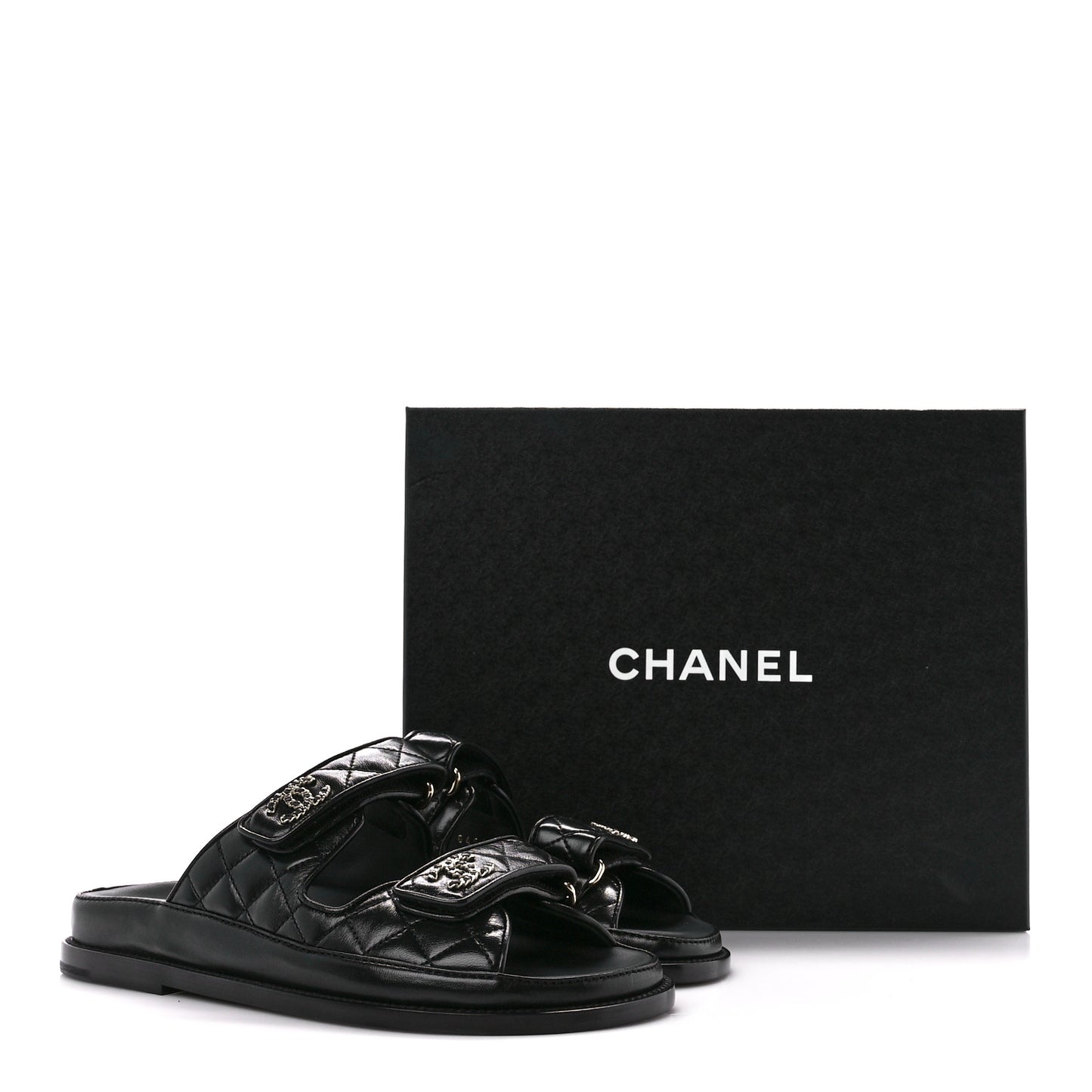 Lambskin Quilted Velcro Dad Chain CC Slide Sandals 37 Black