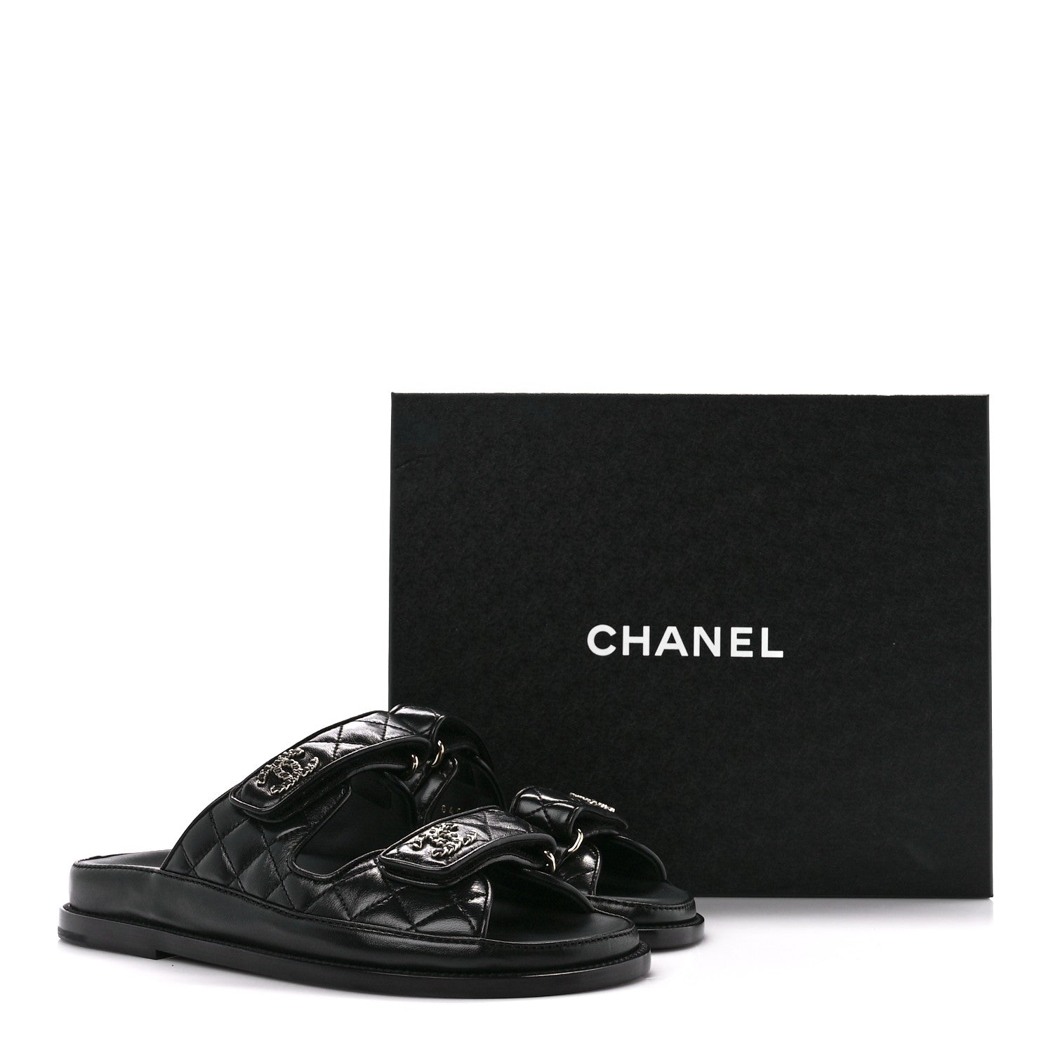 Chanel Lambskin Quilted Velcro Dad Chain CC Slide Sandals 37 Black 9 of 9