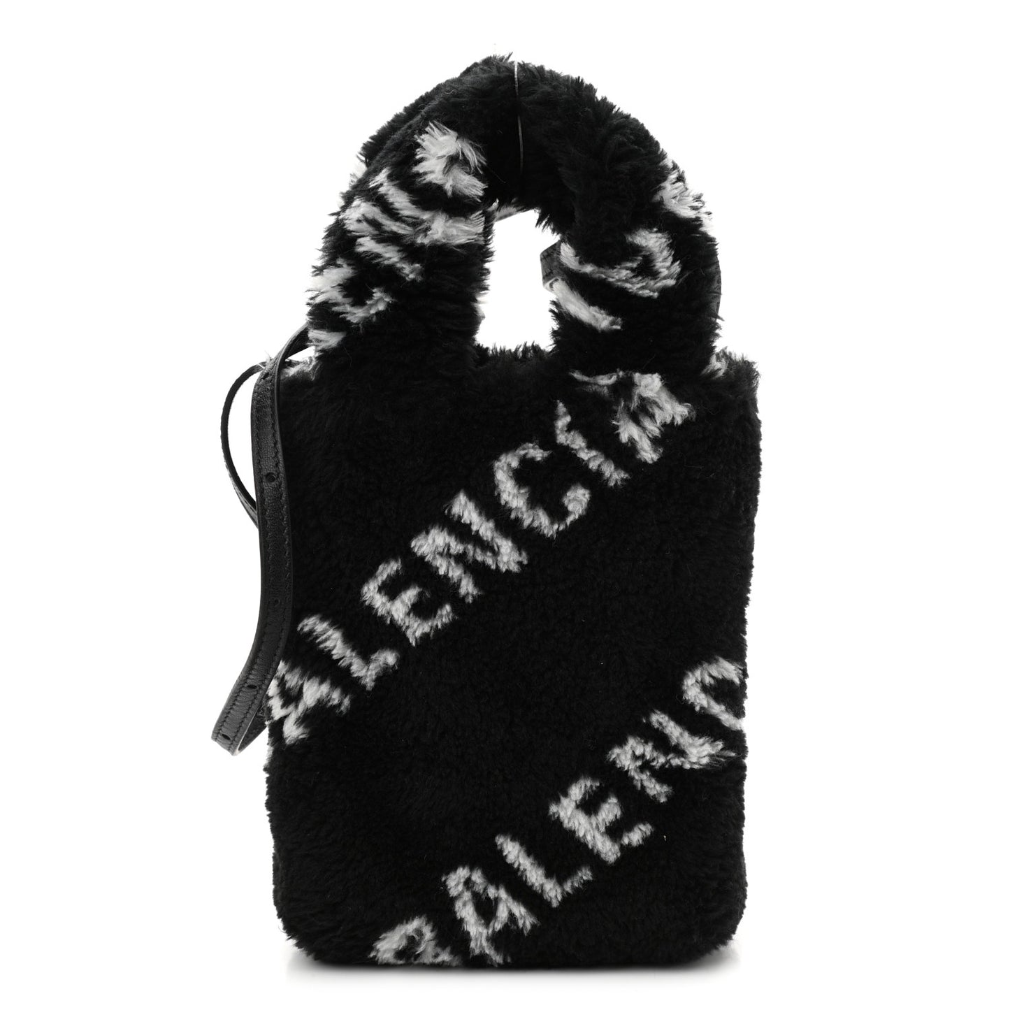 Faux Fur Diagonal Logo Everyday Phone Holder Tote Black White