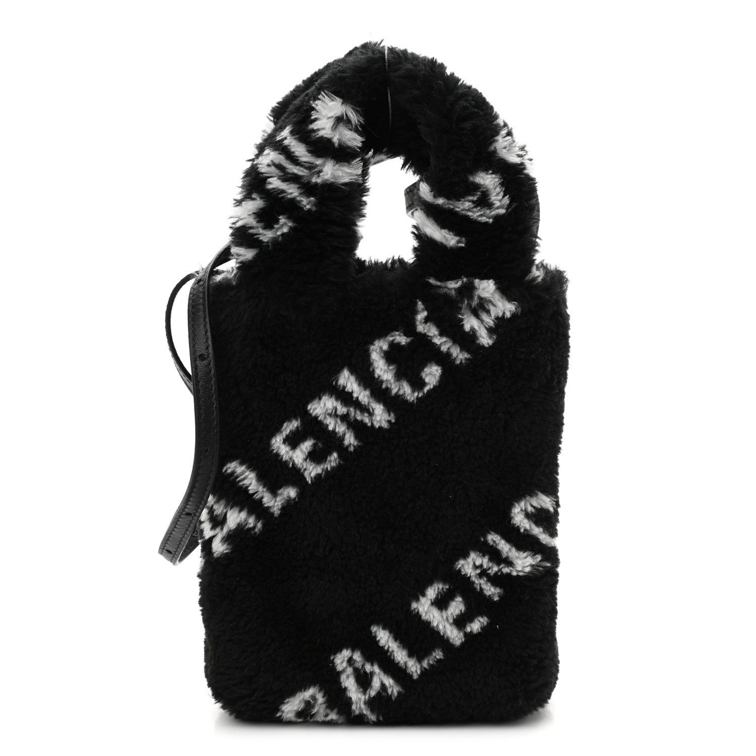 Balenciaga Faux Fur Diagonal Logo Everyday Phone Holder Tote Black White 1 of 9