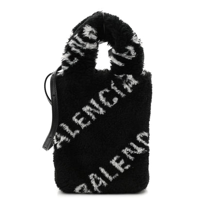Balenciaga Faux Fur Diagonal Logo Everyday Phone Holder Tote Black White 1 of 9