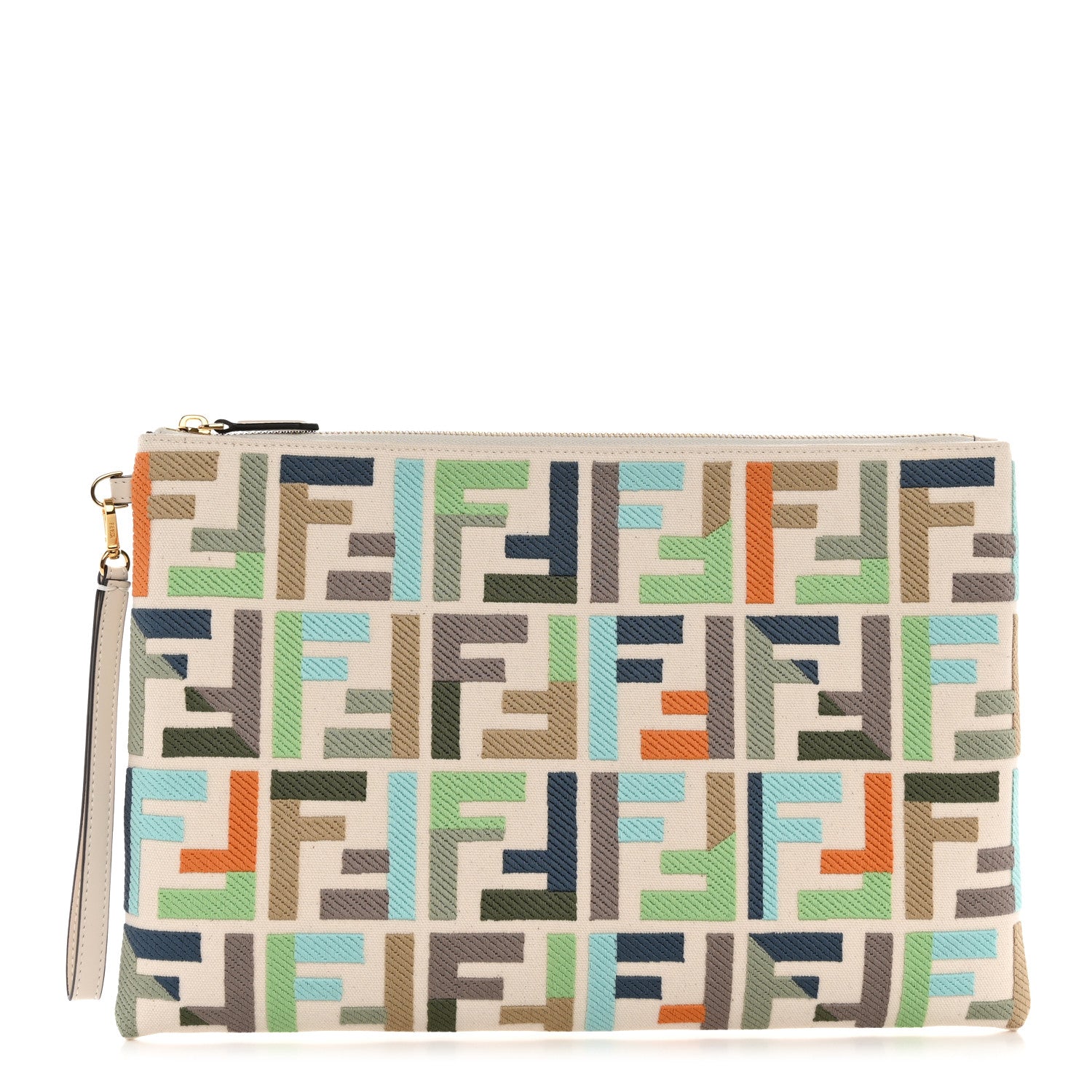 Fendi Kuban Canvas Vitello King FF Embroidered Large Flat Pouch Grezzo Multicolor Latte 1 of 9