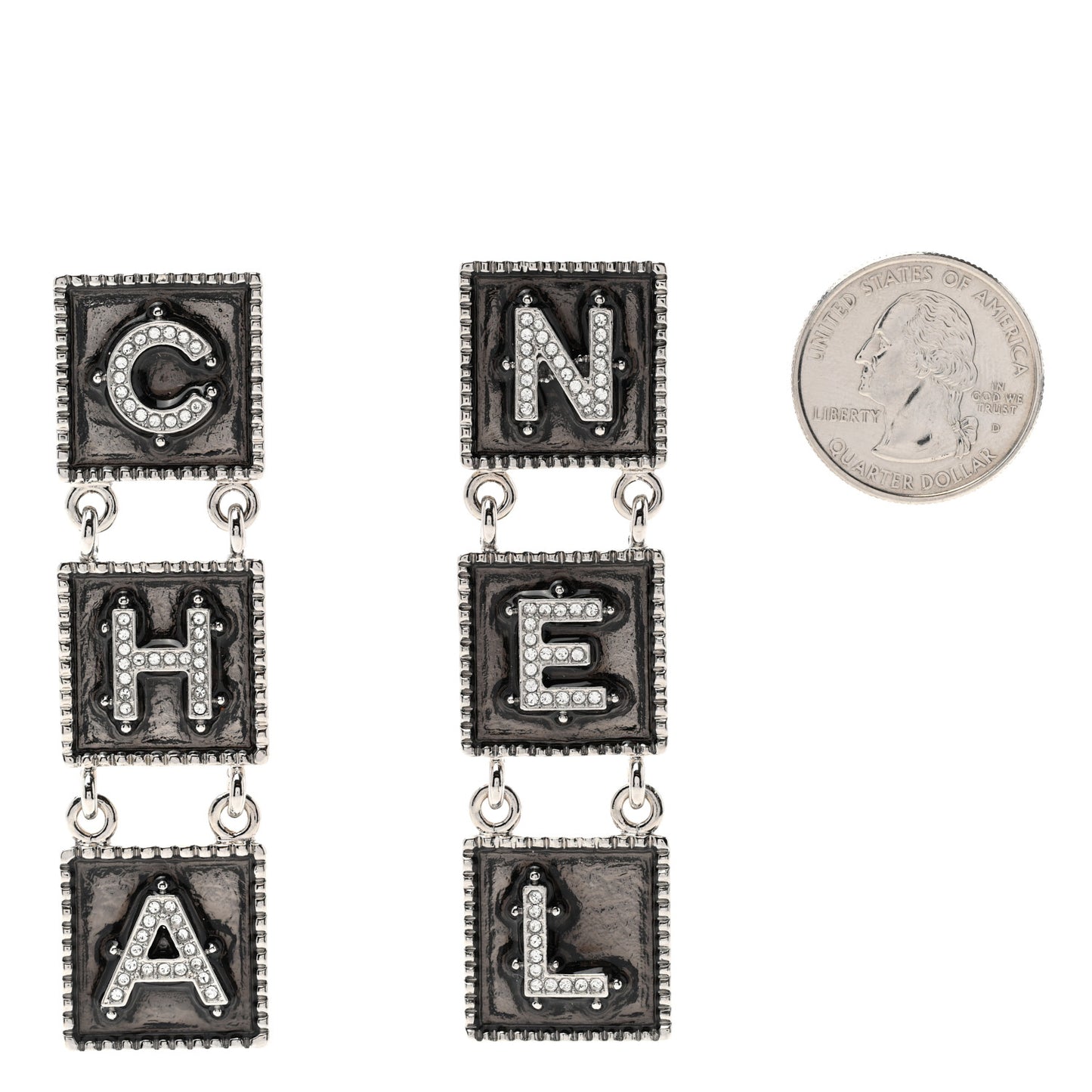 Metal Crystal Cha-Nel Logo Drop Earrings Silver